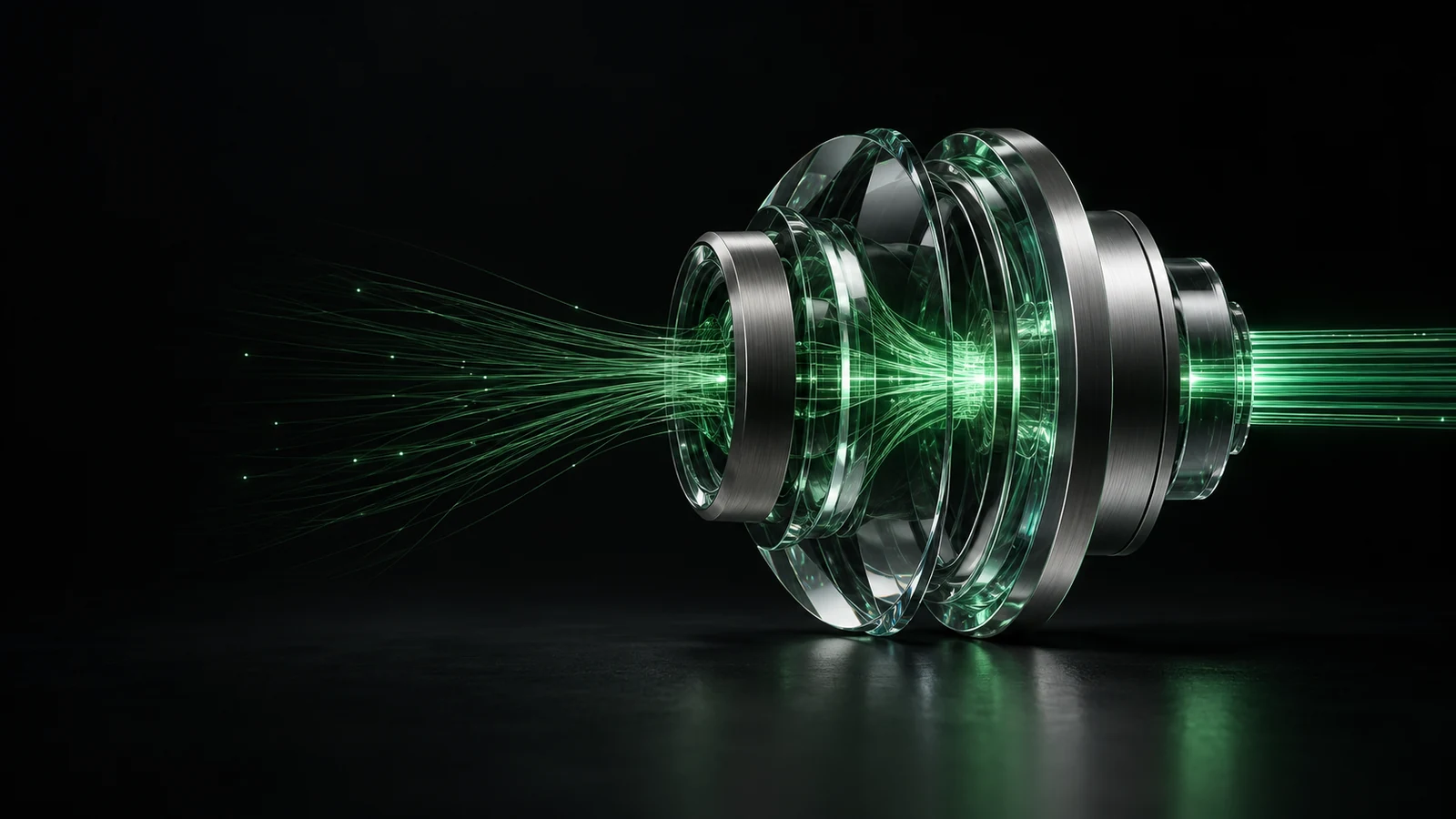 Conceptual illustration of an optical core connected by green fibres.