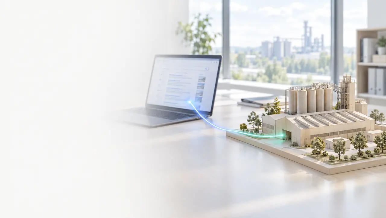 Um notebook com resultados de busca e, sobre a mesa, a maquete de uma fábrica; uma linha azul e verde liga a tela à porta da fábrica.