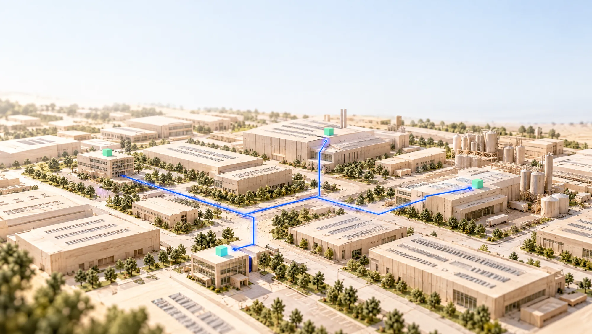 Maqueta de un gran distrito empresarial con una línea azul que sale de una oficina y llega a tres empresas marcadas en verde.